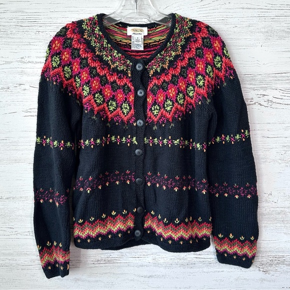 VINTAGE TALBOTS Y2K Hand Knit Fair Isle Chunky Button Down Cardigan Sweater S - Picture 1 of 9